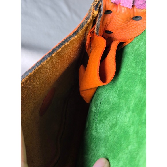 Handmade Leather Crossbody Bag Braided Strap Colorblock Pink Orange Green - Picture 8 of 16